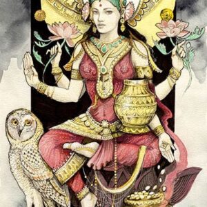 La déesse lakshmi avec une chouette sur la tête.