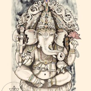 Un dessin d'un Ganesh assis sur un trône.