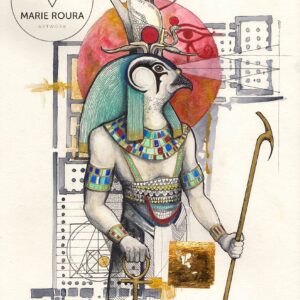 Une illustration d’Horus tenant un bâton.