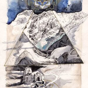 Un dessin du temple kedarnath avec La montagne sacrée en arrière-plan.