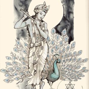 dieu hindou Krishna avec un paon.