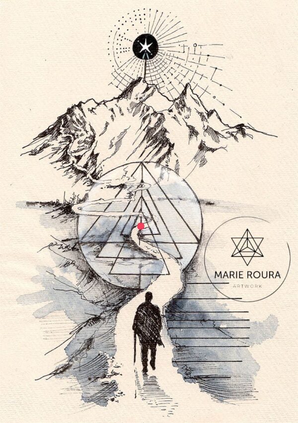 Un dessin d'un homme marchant sur Le chemin spirituel avec une montagne en arrière-plan
