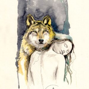 Une aquarelle représentant une femme serrant le loup animal totem