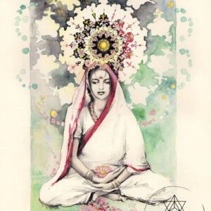 Une peinture de Ma Ananda Moyi assise en position du lotus.