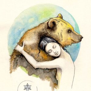 Une aquarelle représentant une femme serrant l'animal totem ours