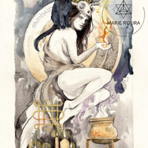 Une peinture de Samhain Ceridwen représentant une femme tenant une bougie et un chat noir.