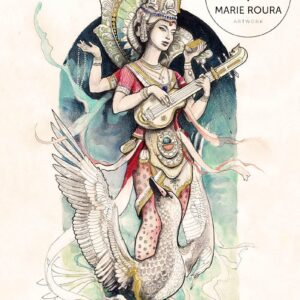 Un dessin de Sarasvati avec un cygne et une guitare.