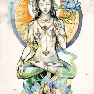 Une peinture de Tara blanche représentant une femme assise en position du lotus.