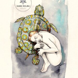 Une aquarelle représentant une femme serrant La tortue animal thérapeute